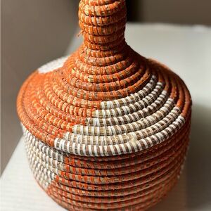 Woven Sweetgrass Basket with Lid from Senegal Africa Orange/White and Tan Colors